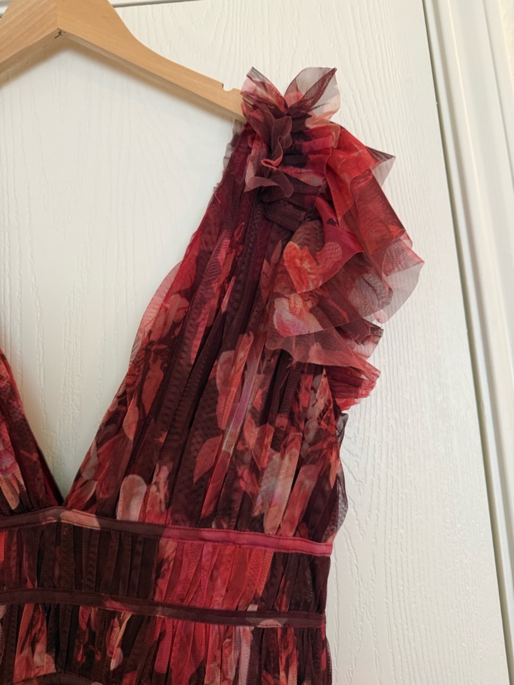 ASOS Lace & Beads Ruffle Shoulder Tiered Maxi Dress in Deep Rose US 8 - Picture 9 of 15